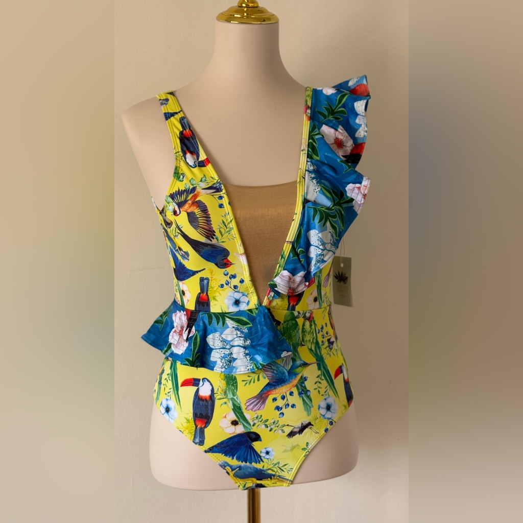 Tropical Yellow Swimsuit With Bird Print Size S One Piece
